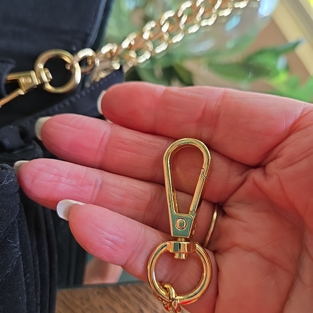 One of a kind Black Quilted Bag with 50"Gold Chain Upcycled Designer Gold BEE - Picture 12 of 12
